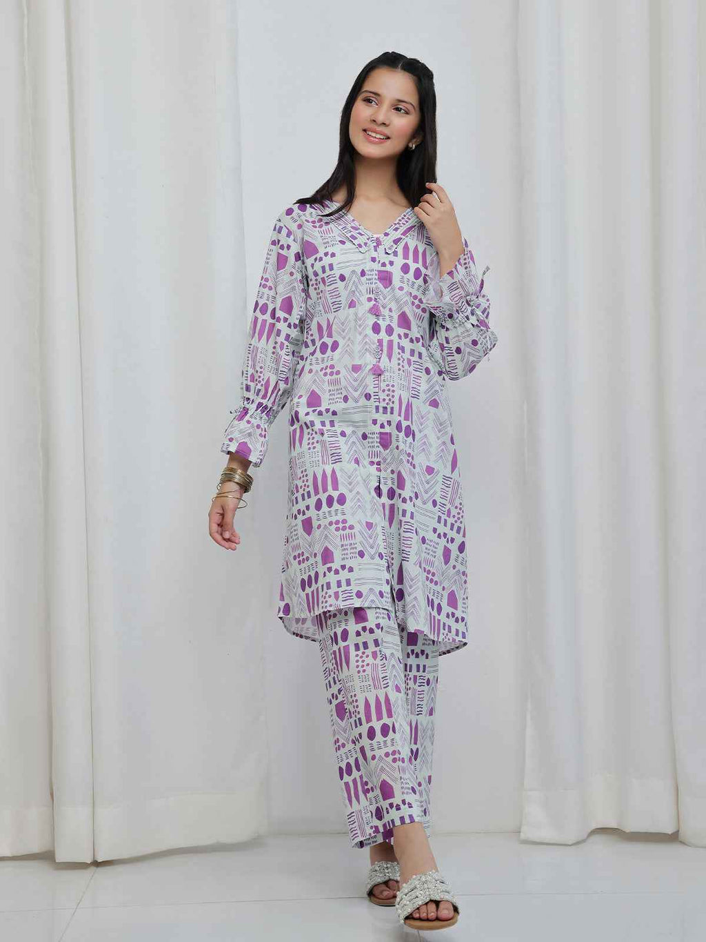 2Pc Printed Pret Shirt Trouser Lawn White & Purple - OG2P-2506008