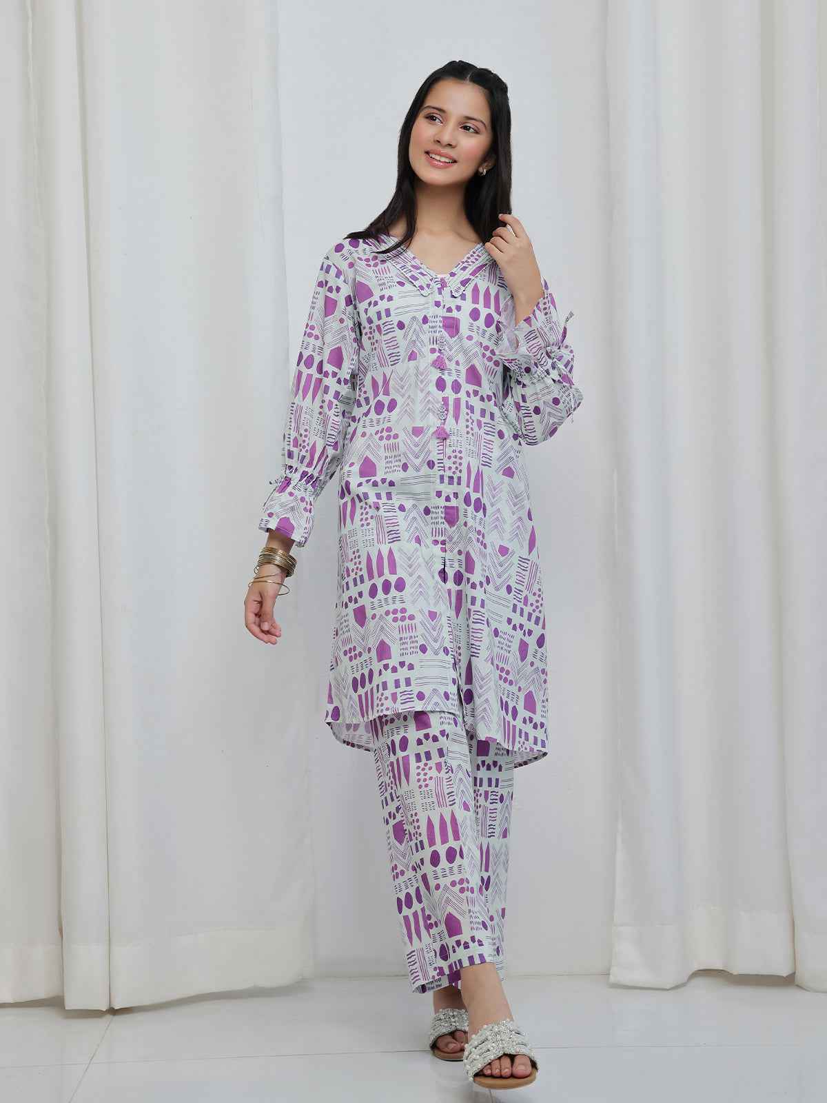 2Pc Printed Pret Shirt Trouser Lawn White & Purple - OG2P-2506008