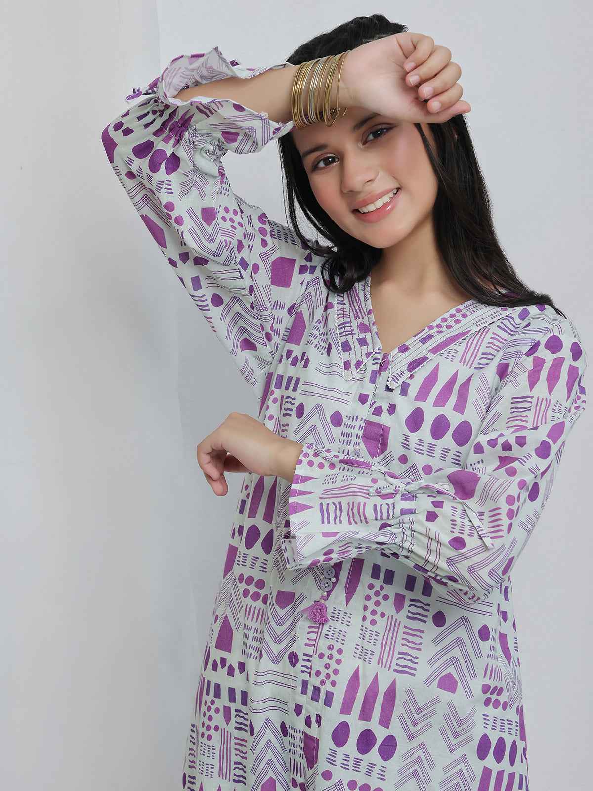 2Pc Printed Pret Shirt Trouser Lawn White & Purple - OG2P-2506008