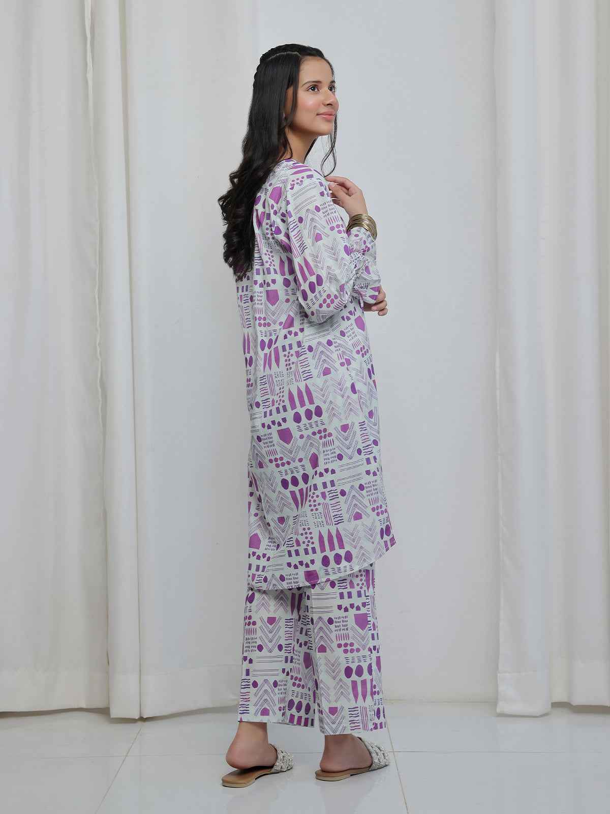 2Pc Printed Pret Shirt Trouser Lawn White & Purple - OG2P-2506008