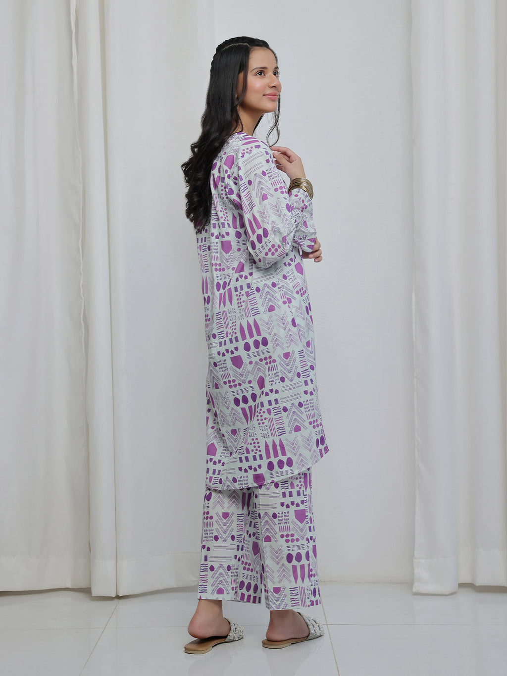 2Pc Printed Pret Shirt Trouser Lawn White & Purple - OG2P-2506008