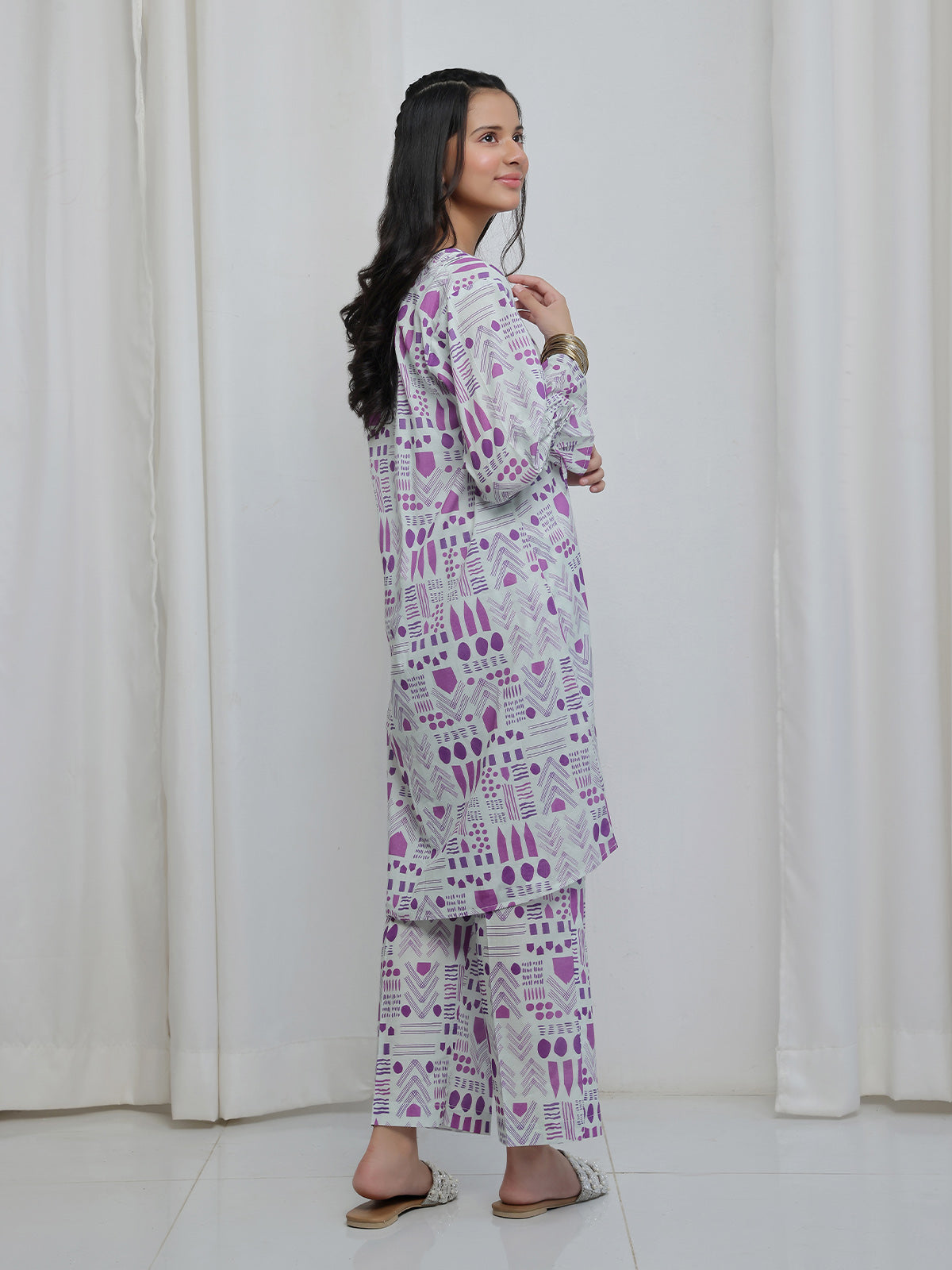 2Pc Printed Pret Shirt Trouser Lawn White & Purple - OG2P-2506008