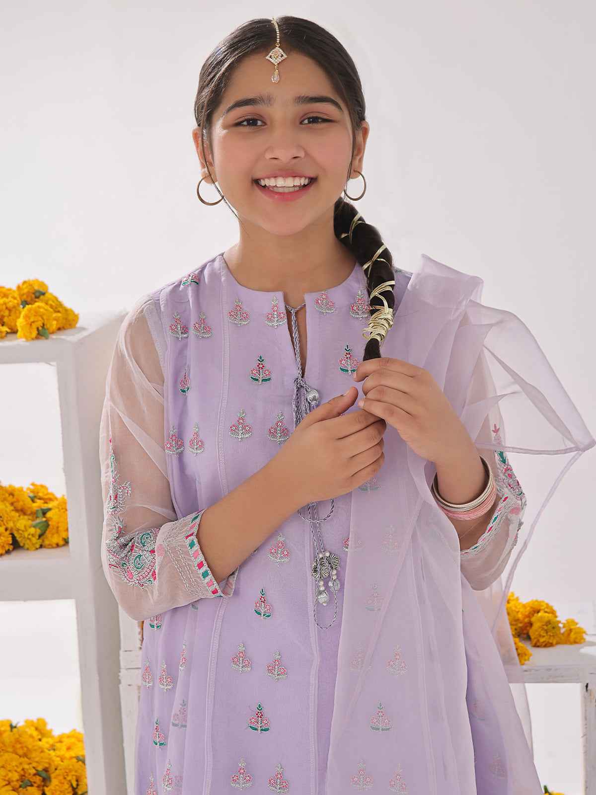 3Pc Embroidered Pret Suit Organza Light Lilac - OGE3P-2311009