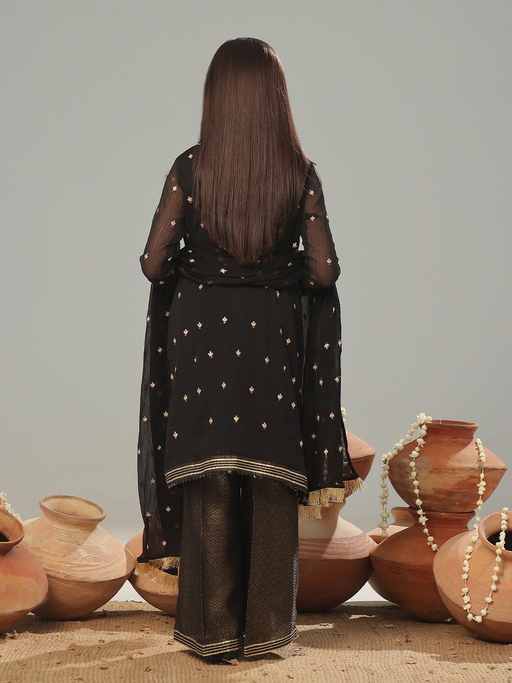 3Pc Embroidered Pret Suit Chiffon Black - OGE3P-2405022