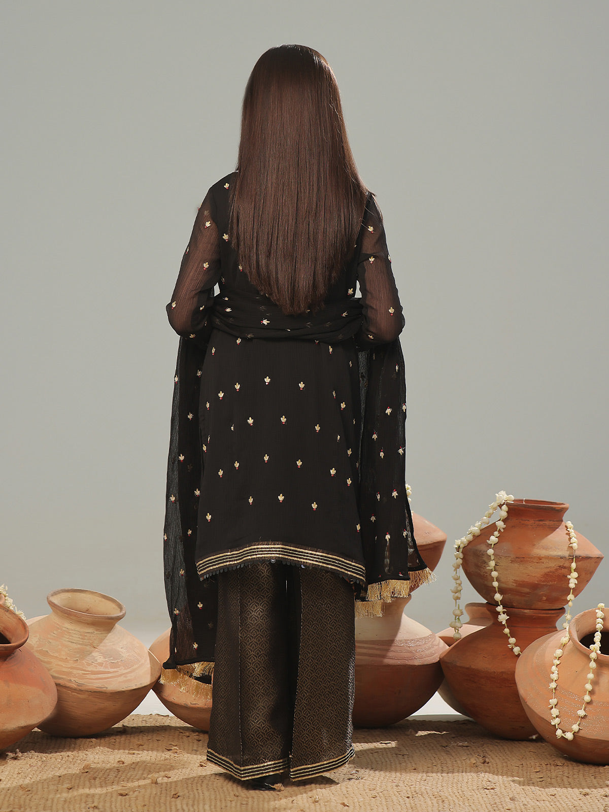 3Pc Embroidered Pret Suit Chiffon Black - OGE3P-2405022