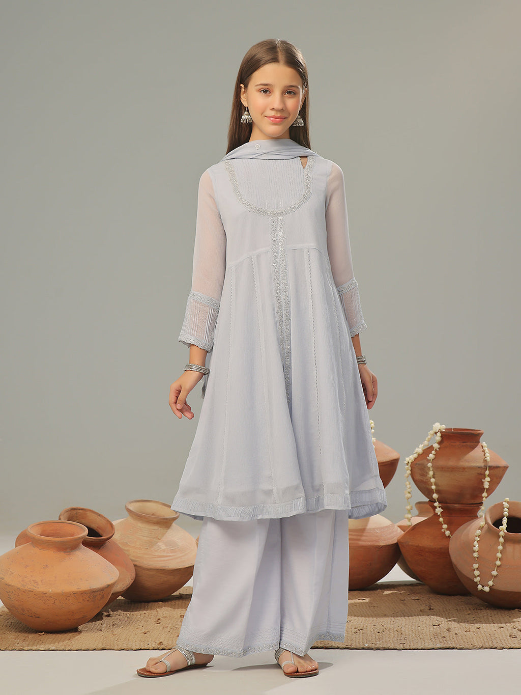 3Pc Embroidered Pret Suit Organza Sky Blue - OGE3P-2408029