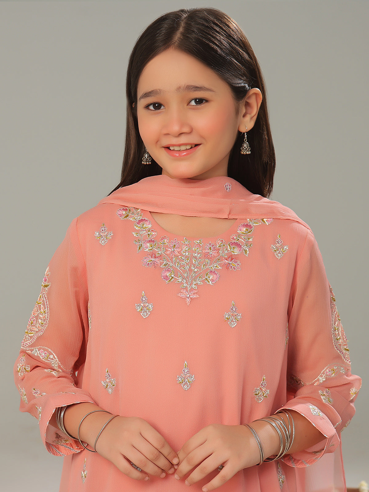 3Pc Embroidered Pret Suit Chiffon Peach - OGE3P-2408027