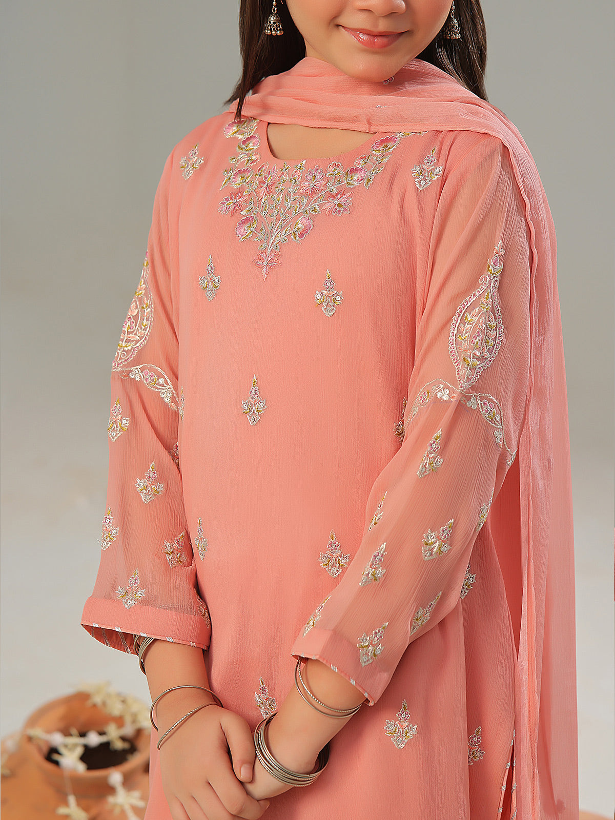 3Pc Embroidered Pret Suit Chiffon Peach - OGE3P-2408027