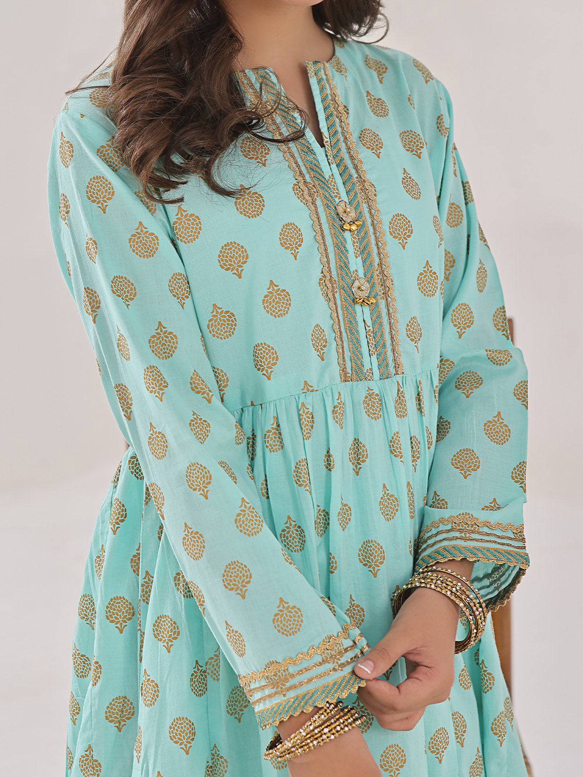 2Pc Printed Pret Shirt Trouser Dyed Lawn Ferozi - OG2PG-2403005