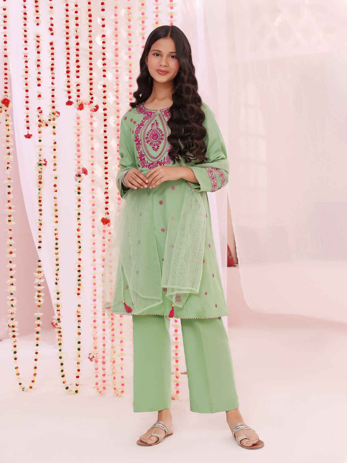 2Pc Embroidered Pret Shirt Dupatta Dobby Green - OGE2P-2211044