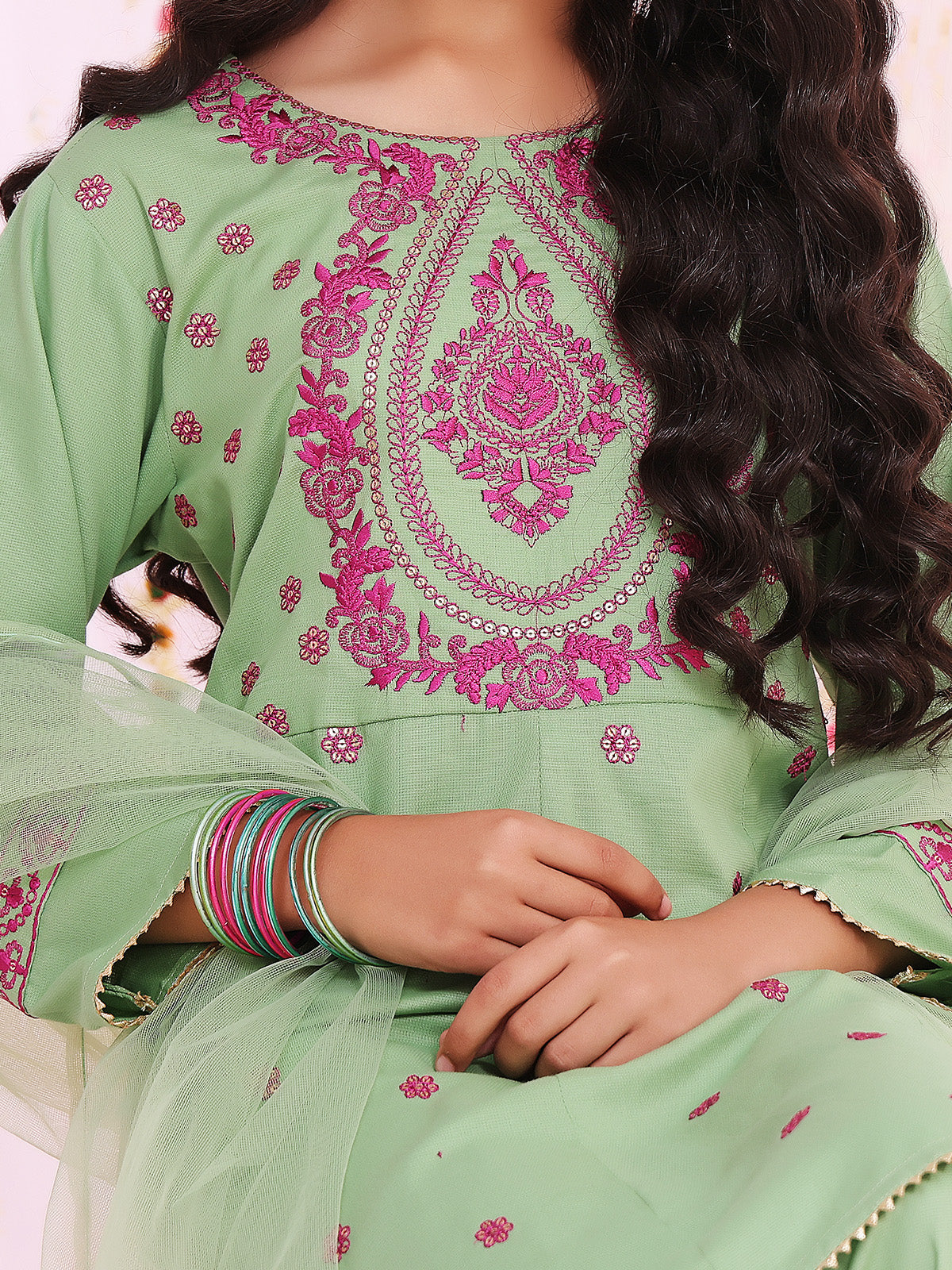 2Pc Embroidered Pret Shirt Dupatta Dobby Green - OGE2P-2211044
