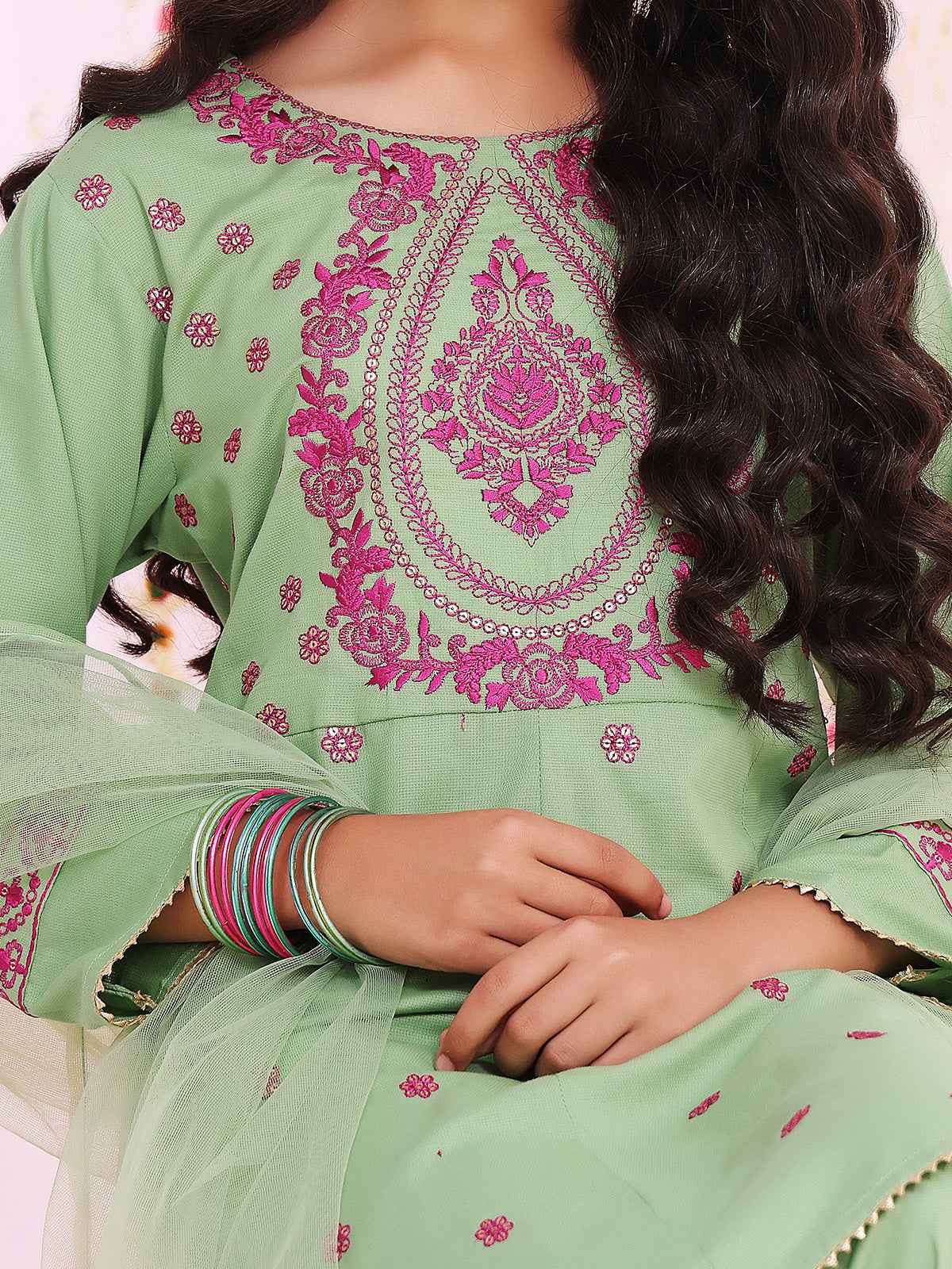 2Pc Embroidered Pret Shirt Dupatta Dobby Green - OGE2P-2211044