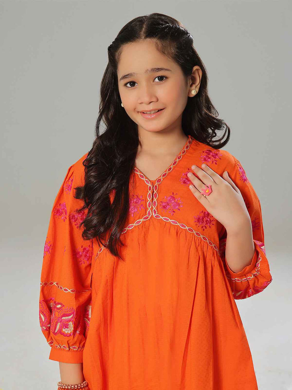 2Pc Embroidered Pret Shirt Trouser Dobby Orange - OGE2P-2405014