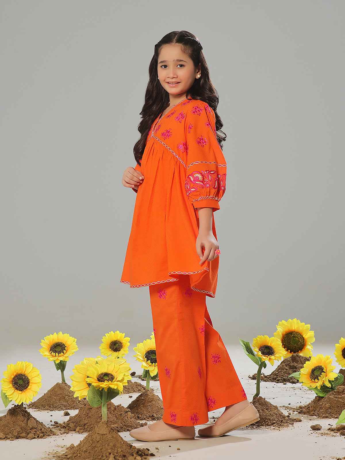 2Pc Embroidered Pret Shirt Trouser Dobby Orange - OGE2P-2405014