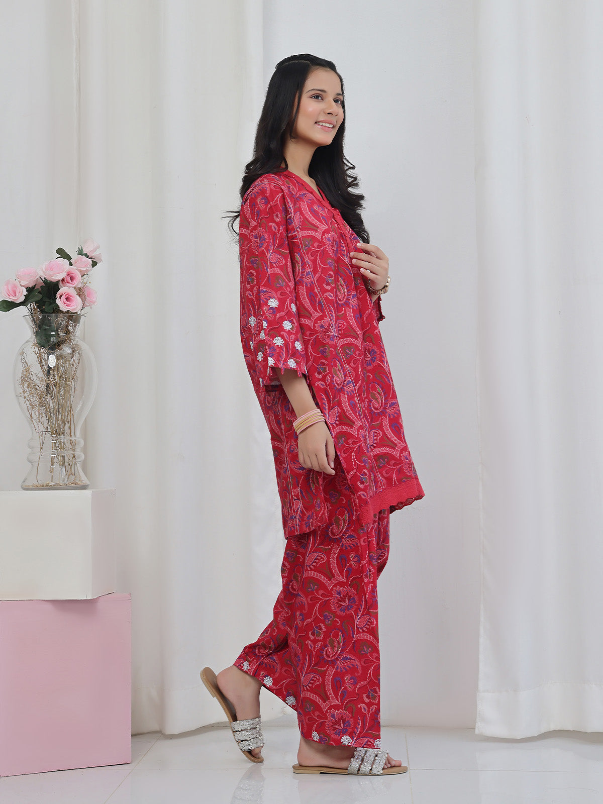 2Pc Embroidered Pret Shirt & Trouser Lawn Red - OGE2P-2506013