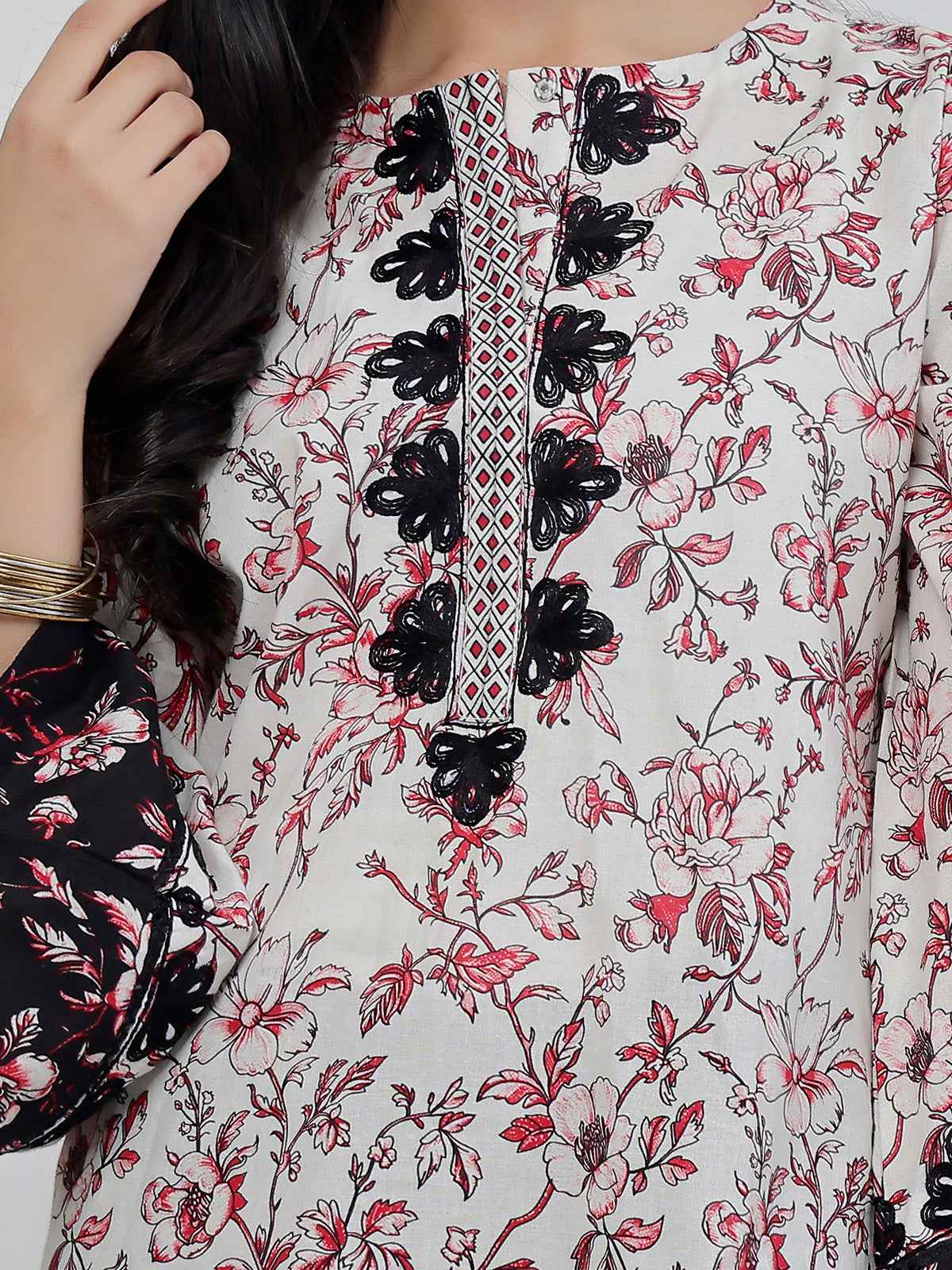 2Pc Embroidered Pret Shirt & Trouser Lawn Red & Black - OGE2P-2506015