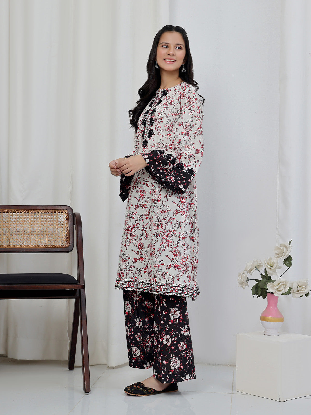 2Pc Embroidered Pret Shirt & Trouser Lawn Red & Black - OGE2P-2506015