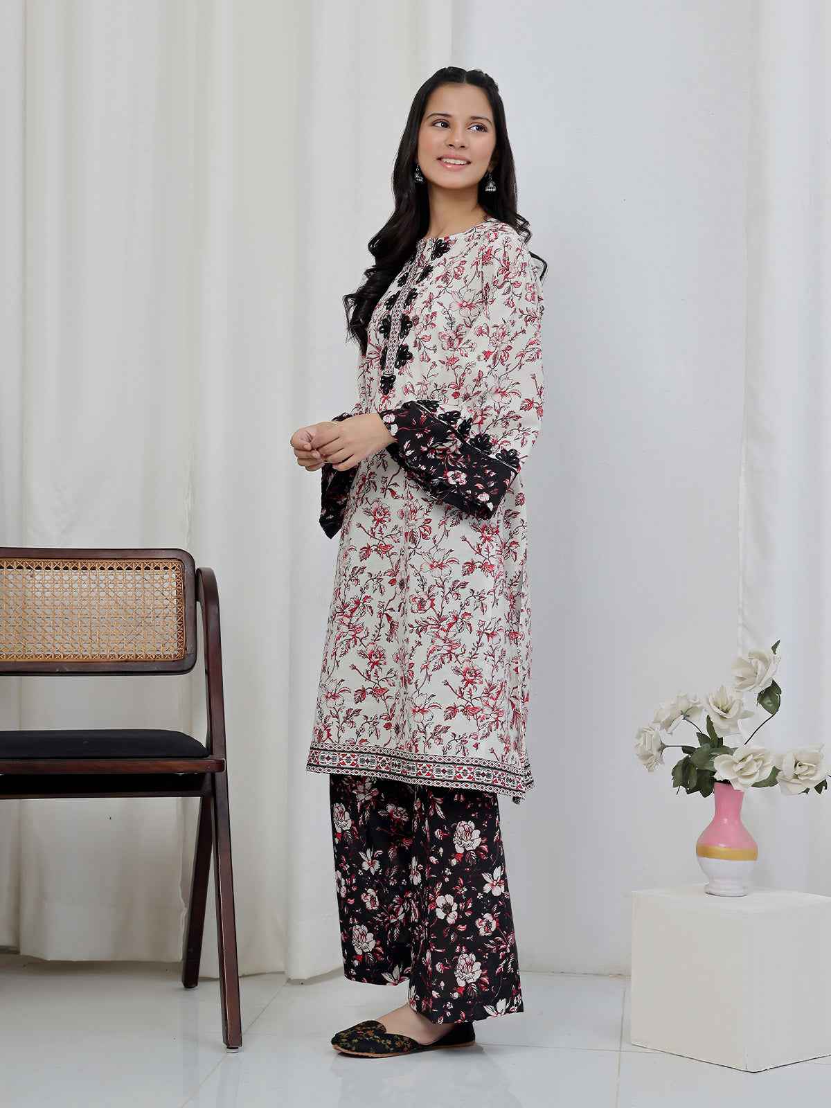2Pc Embroidered Pret Shirt & Trouser Lawn Red & Black - OGE2P-2506015