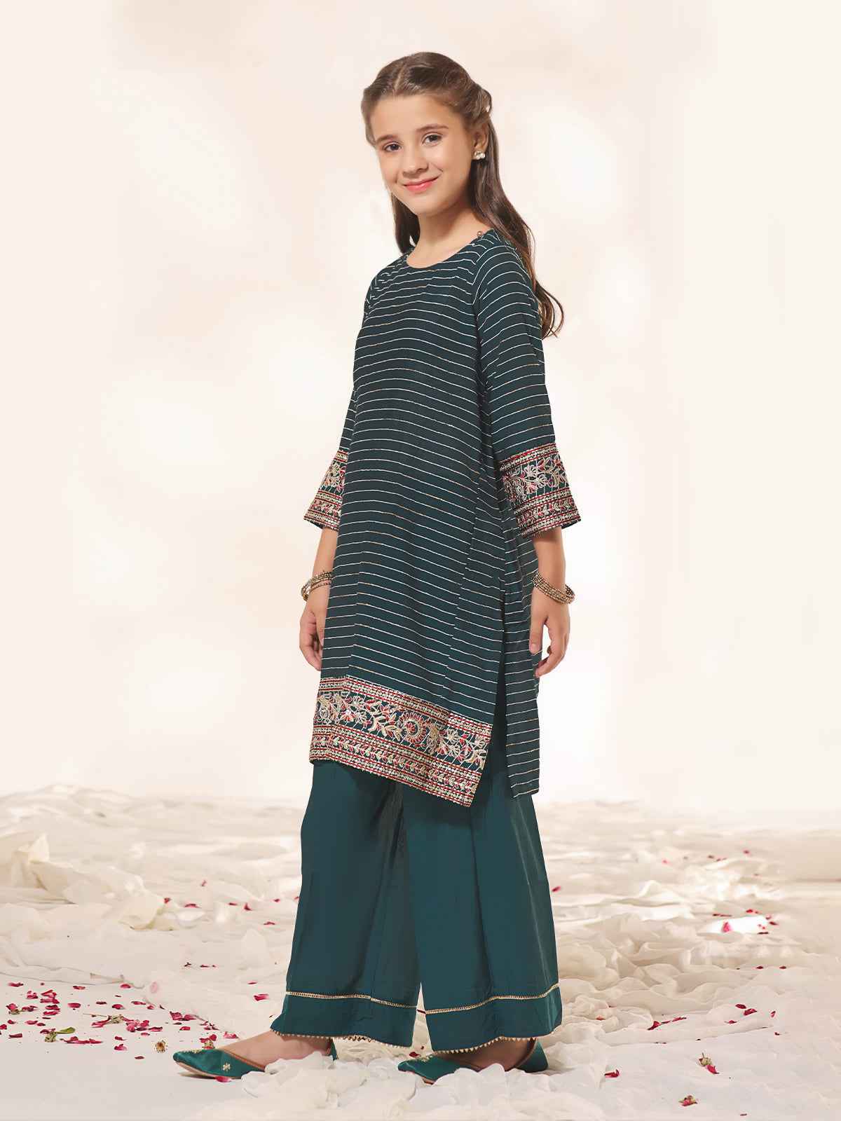 2Pc Embroidered Pret Shirt Trouser Dobby Dark Green - OGE2PG-23044