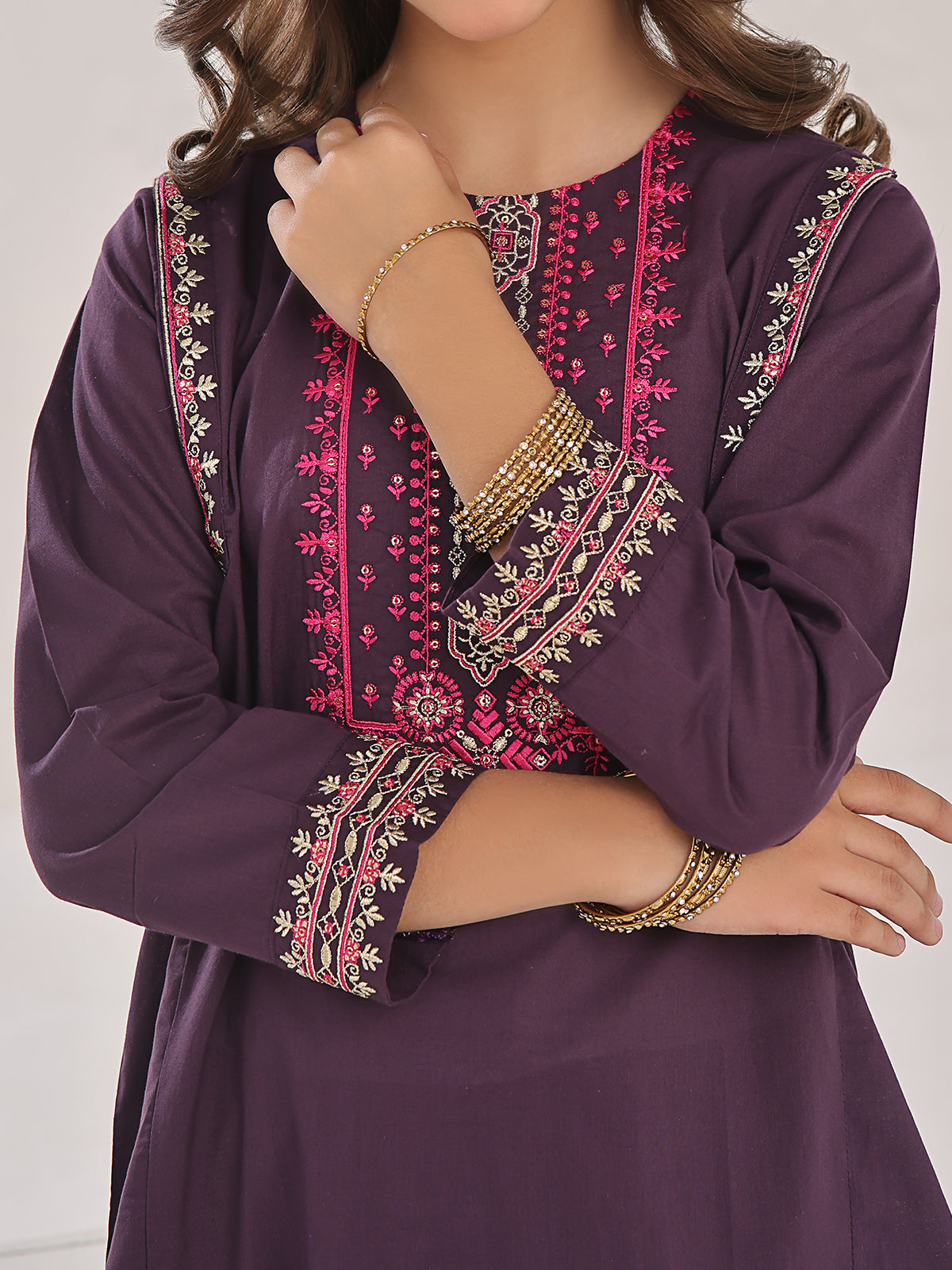 2Pc Embroidered Pret Shirt Trouser Cotton Dark Purple - OGE2PG-2309020