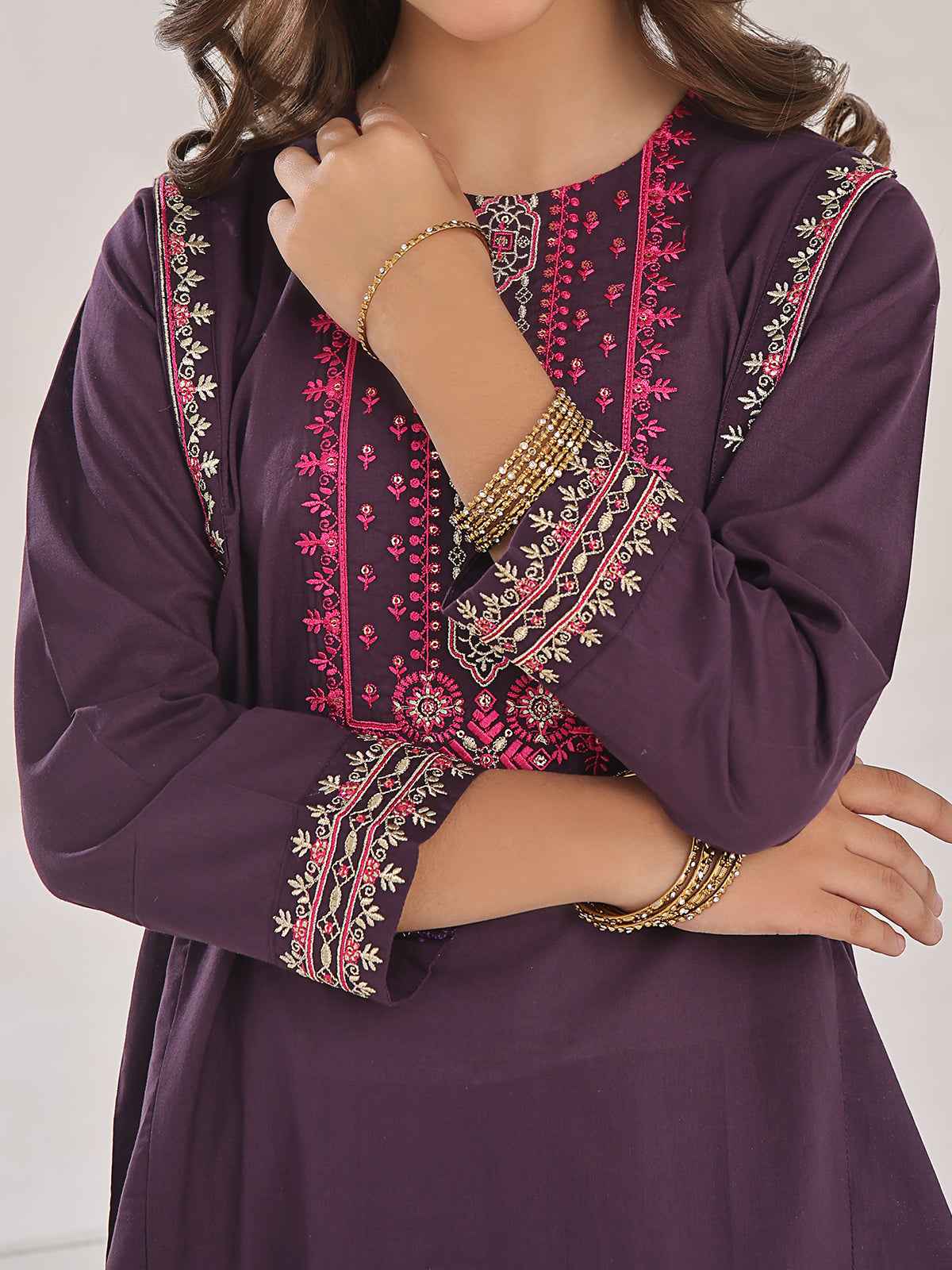2Pc Embroidered Pret Shirt Trouser Cotton Dark Purple - OGE2PG-2309020