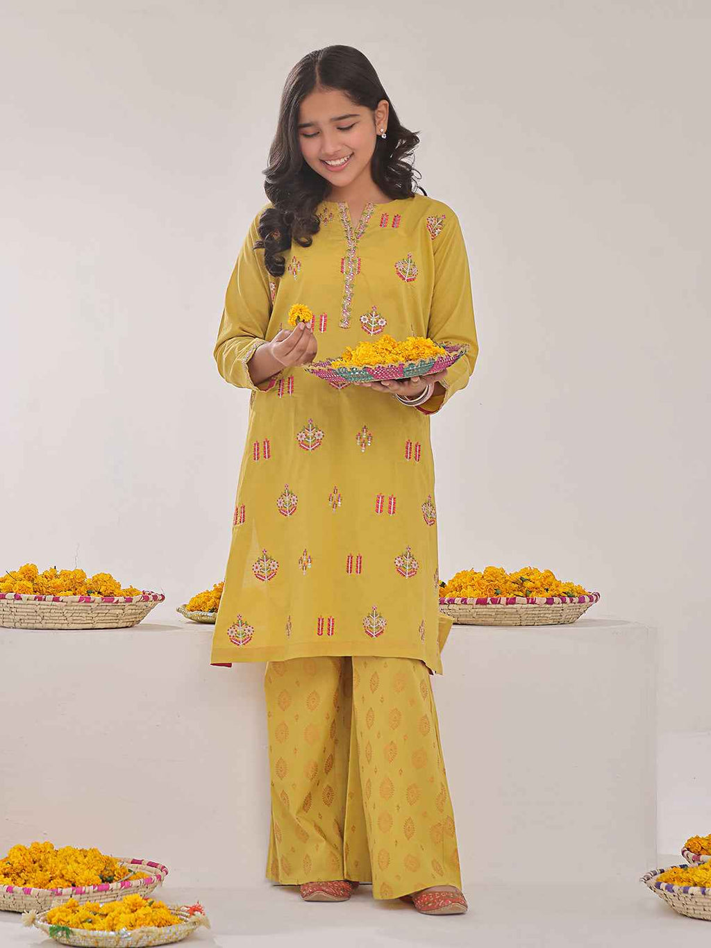 2Pc Embroidered Pret Shirt Trouser Lawn Mustard - OGE2PG-2309022