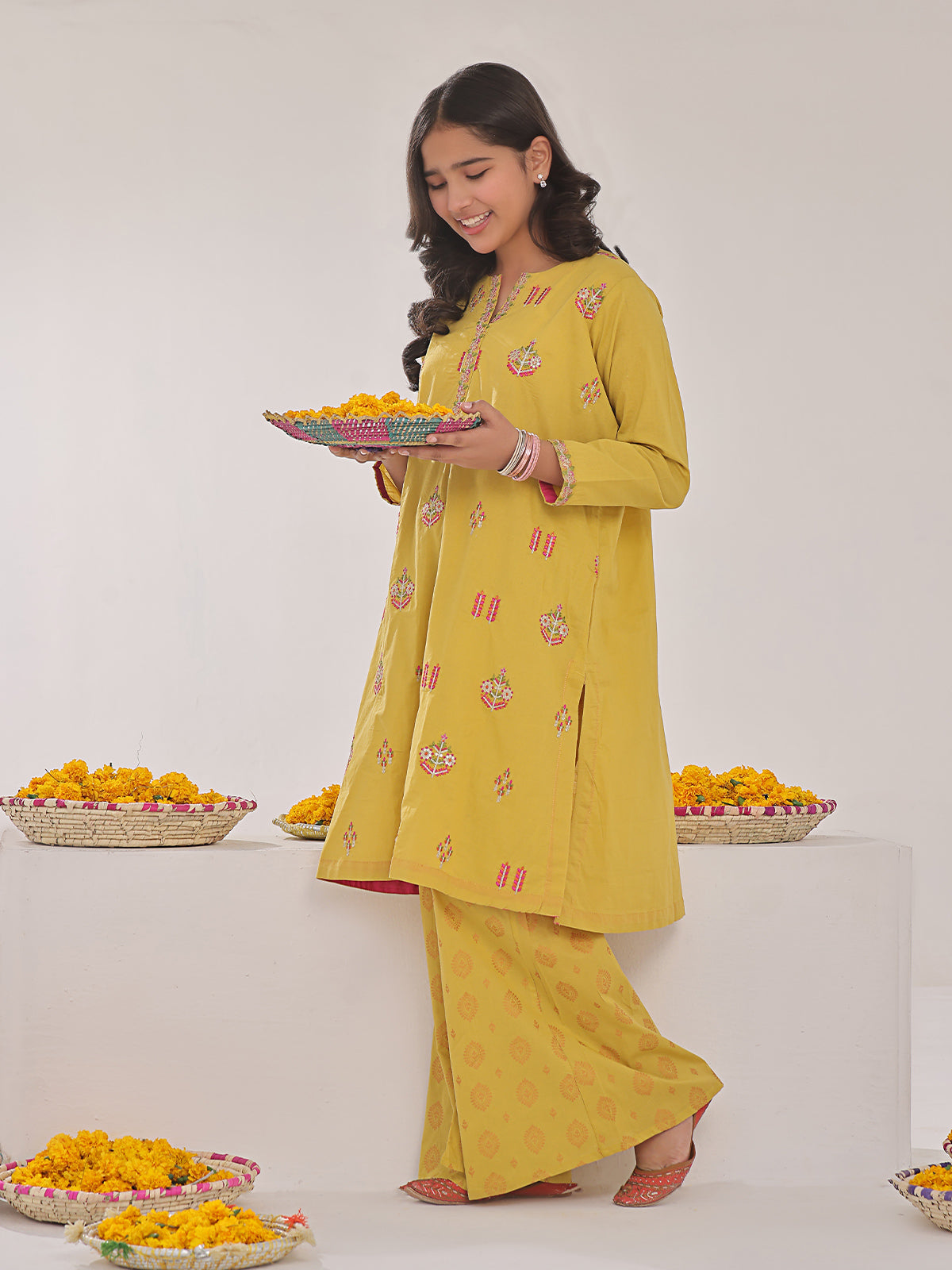2Pc Embroidered Pret Shirt Trouser Lawn Mustard - OGE2PG-2309022