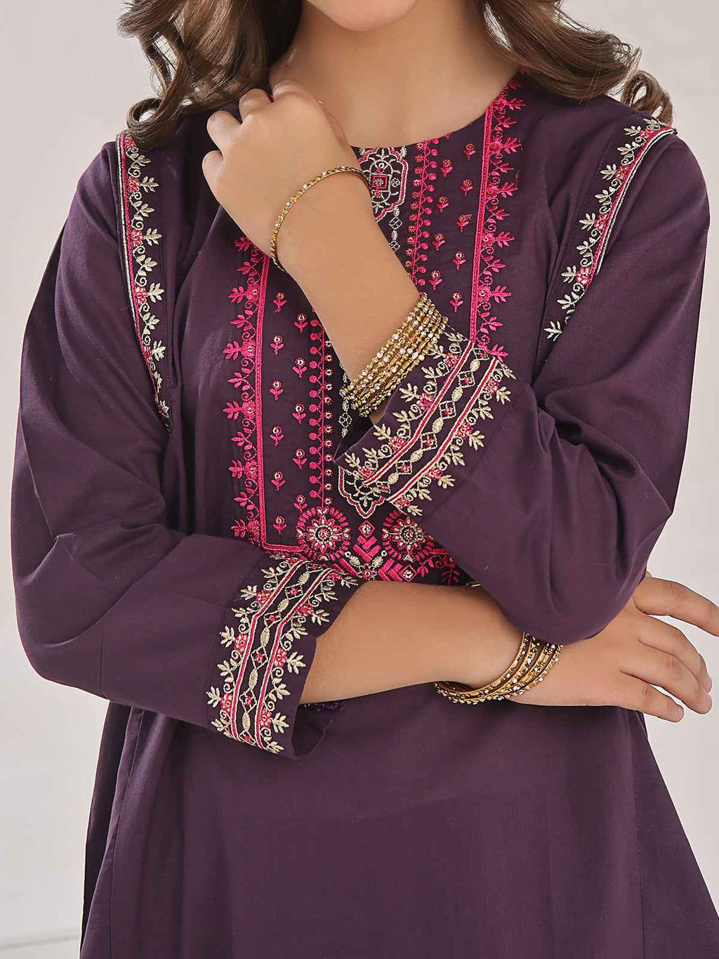 1Pc Embroidered Pret Kurti Cotton Dark Purple - OGEKTG-2309020