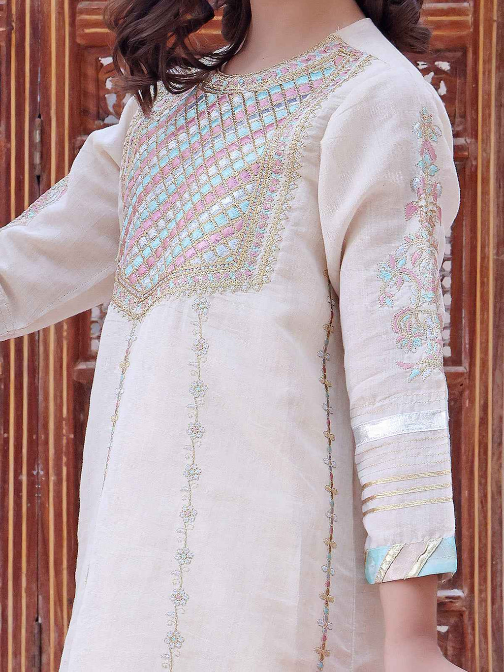 2Pc Embroidered Pret Shirt Dupatta Masoori Beige - OGE2P-2209012