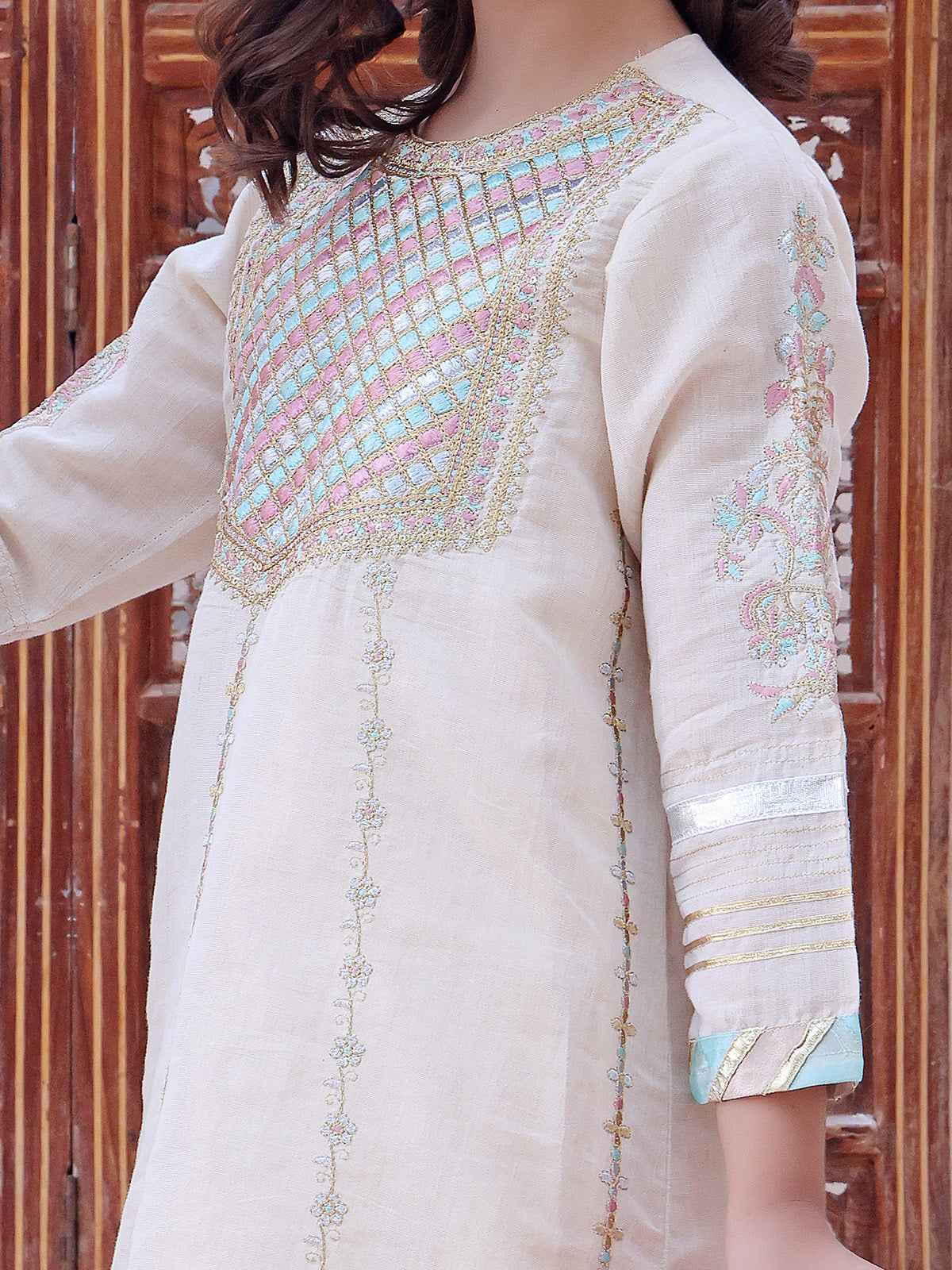 2Pc Embroidered Pret Shirt Dupatta Masoori Beige - OGE2P-2209012