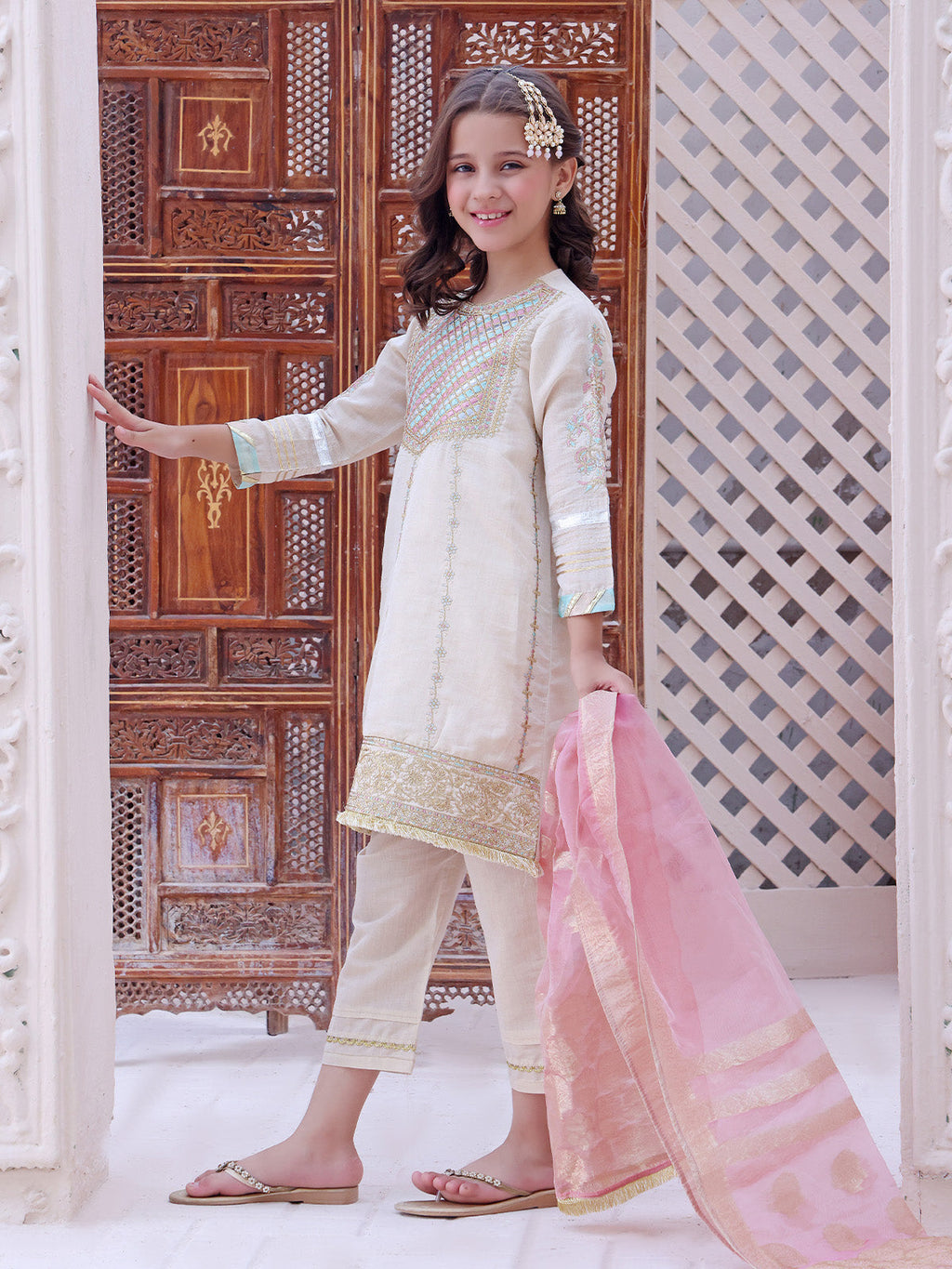 2Pc Embroidered Pret Shirt Dupatta Masoori Beige - OGE2P-2209012