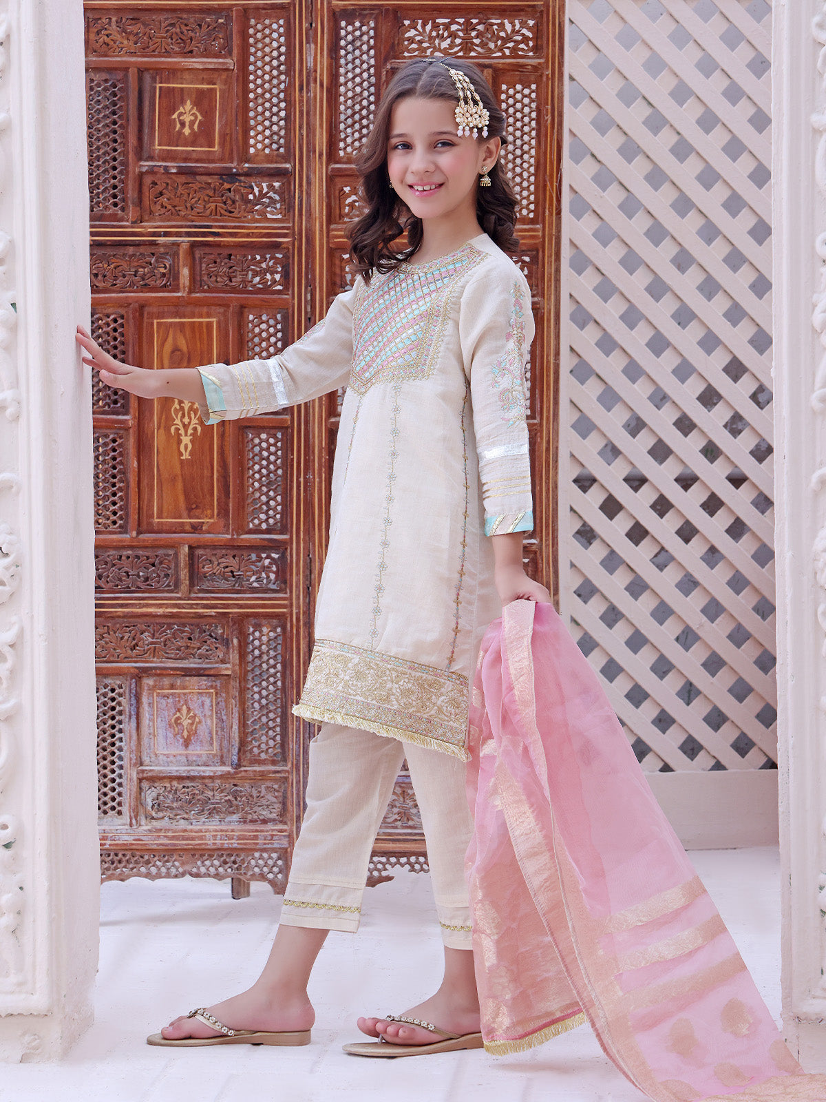 2Pc Embroidered Pret Shirt Dupatta Masoori Beige - OGE2P-2209012