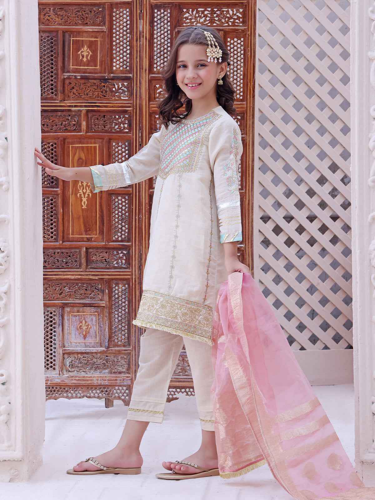 2Pc Embroidered Pret Shirt Dupatta Masoori Beige - OGE2P-2209012