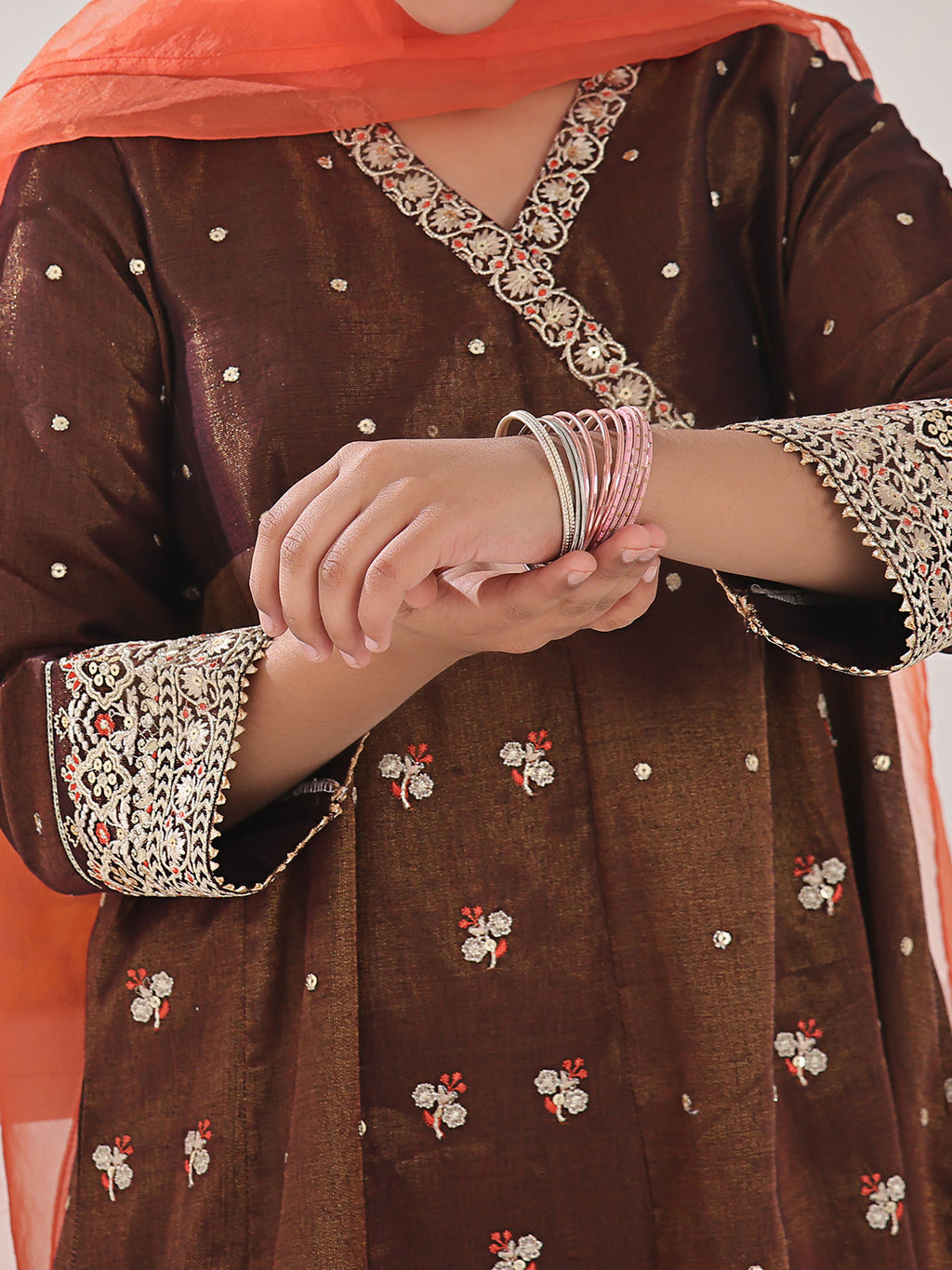 2Pc Embroidered Pret Shirt Dupatta Masoori Brown & Orange - OGE2P-2311014