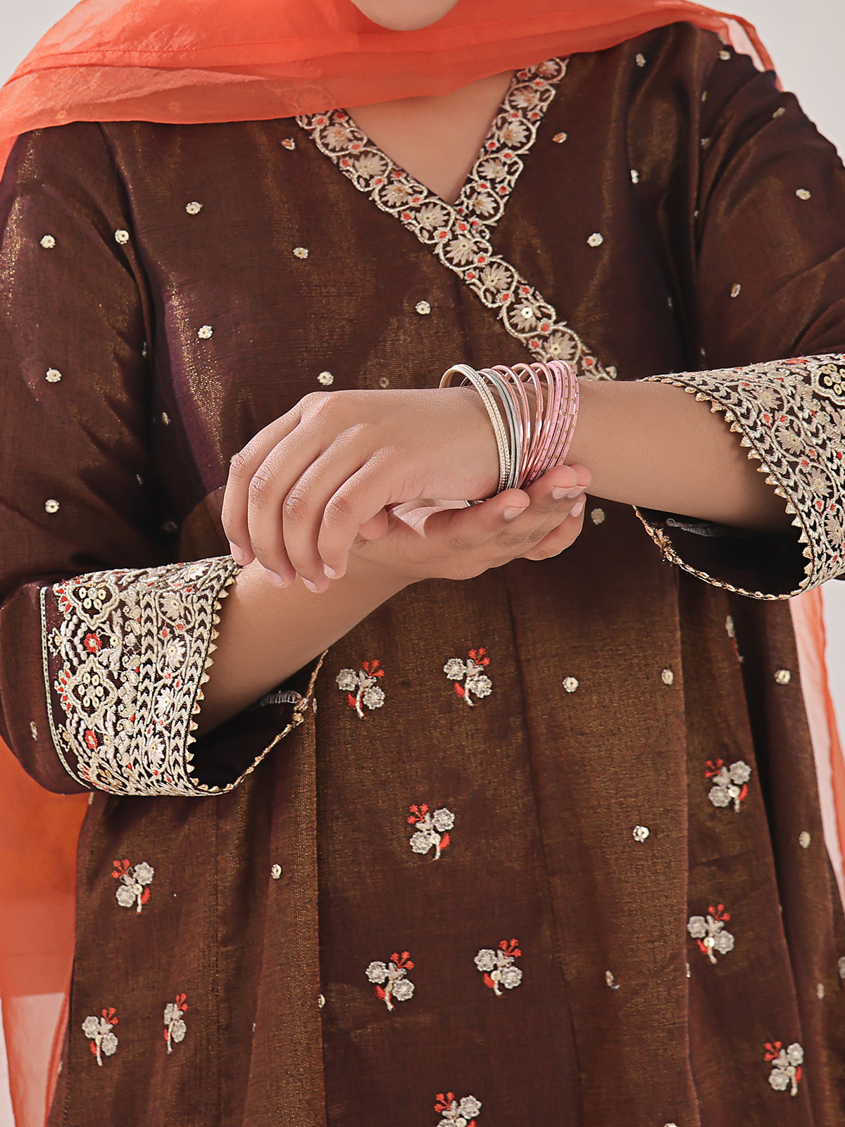 2Pc Embroidered Pret Shirt Dupatta Masoori Brown & Orange - OGE2P-2311014