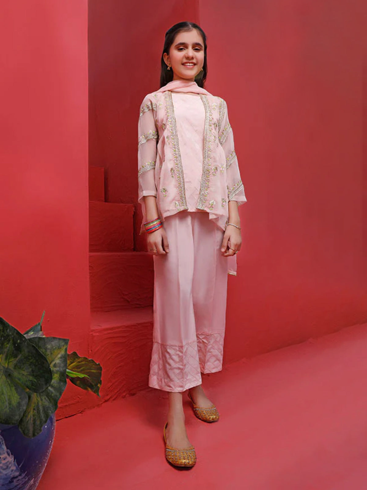 3Pc Embroidered Suit Pret Chiffon Pink - OGE3P-1905035