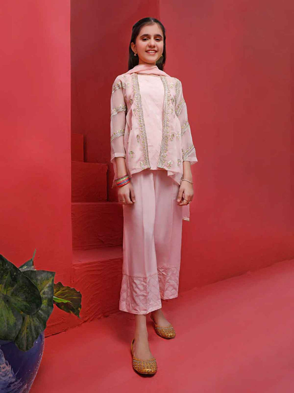 3Pc Embroidered Suit Pret Chiffon Pink - OGE3P-1905035