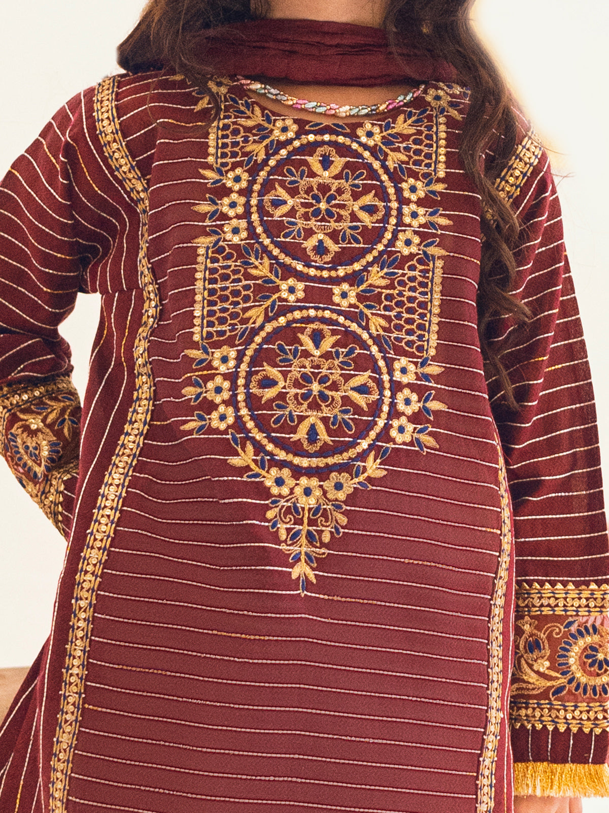 2Pc Embroidered Pret Shirt Dupatta Dobby Maroon - OGE2P-2303014