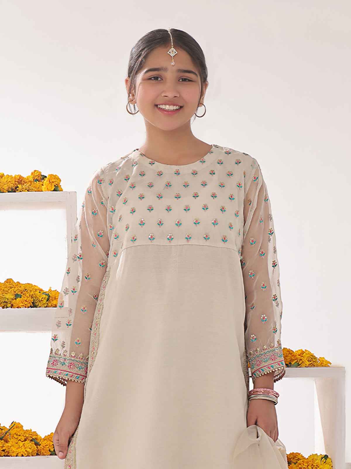 3Pc Embroidered Suit Pret Organza Beige - OGE3P-2311010