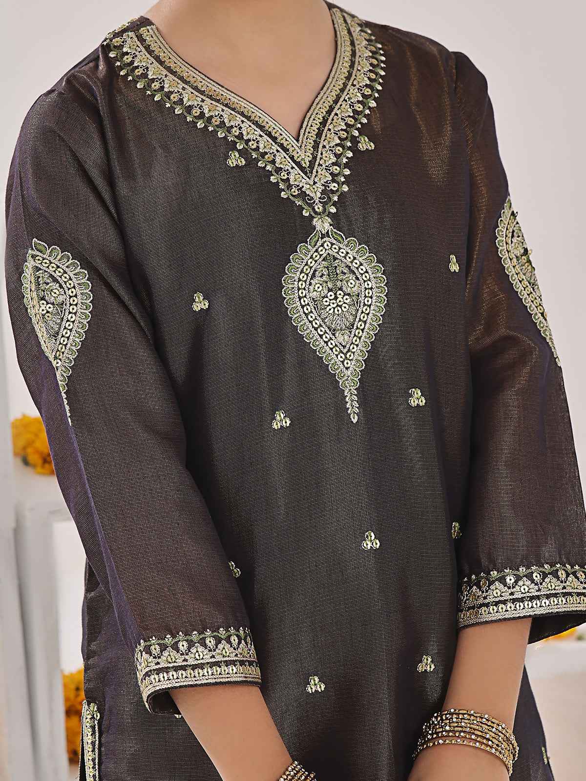 3Pc Embroidered Suit Pret Masoori Brown & Green - OGE3P-2311013