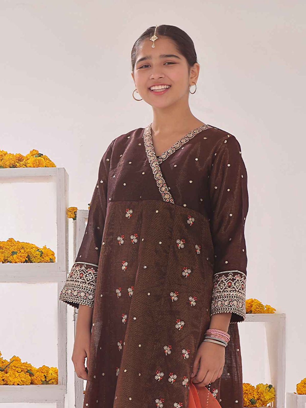 3Pc Embroidered Suit Pret Masoori Brown & Orange - OGE3P-2311014