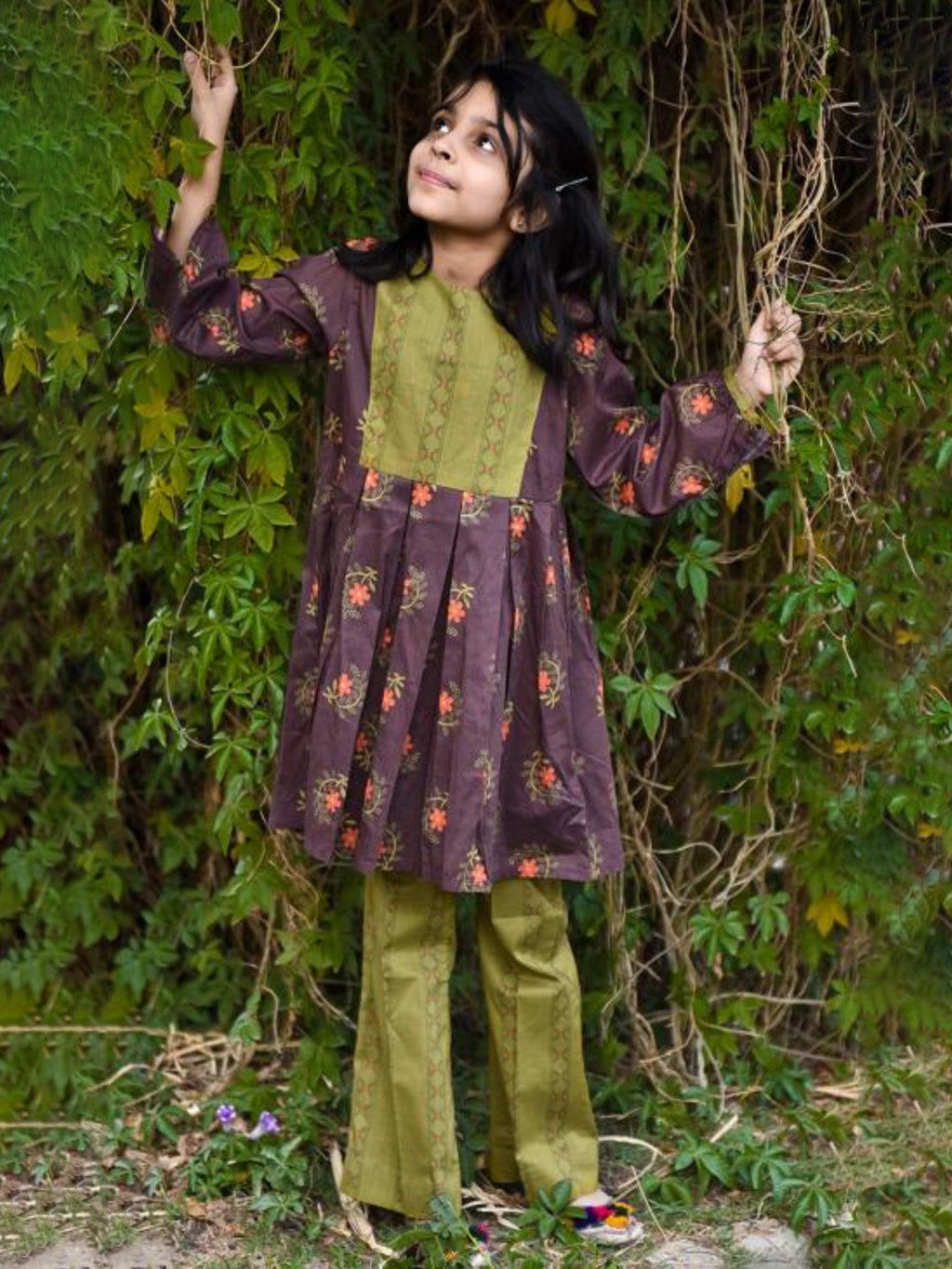 2Pc Printed Pret Shirt Trouser Cambric Brown & Green - OG2P-1907009