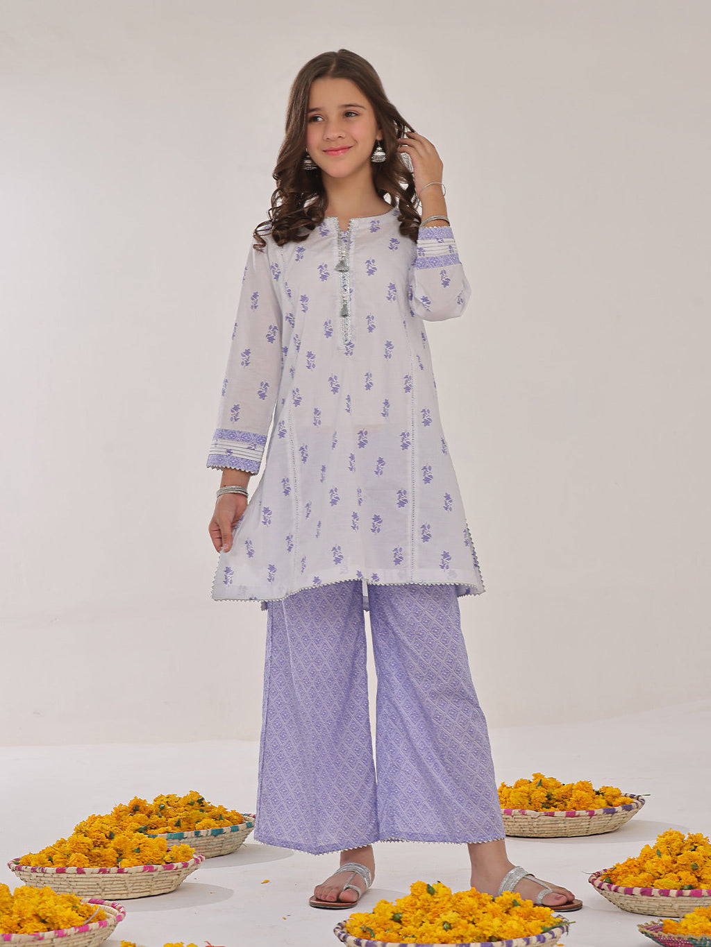 2Pc Printed Pret Shirt Trouser Lawn White & Purple - OG2P-2401042