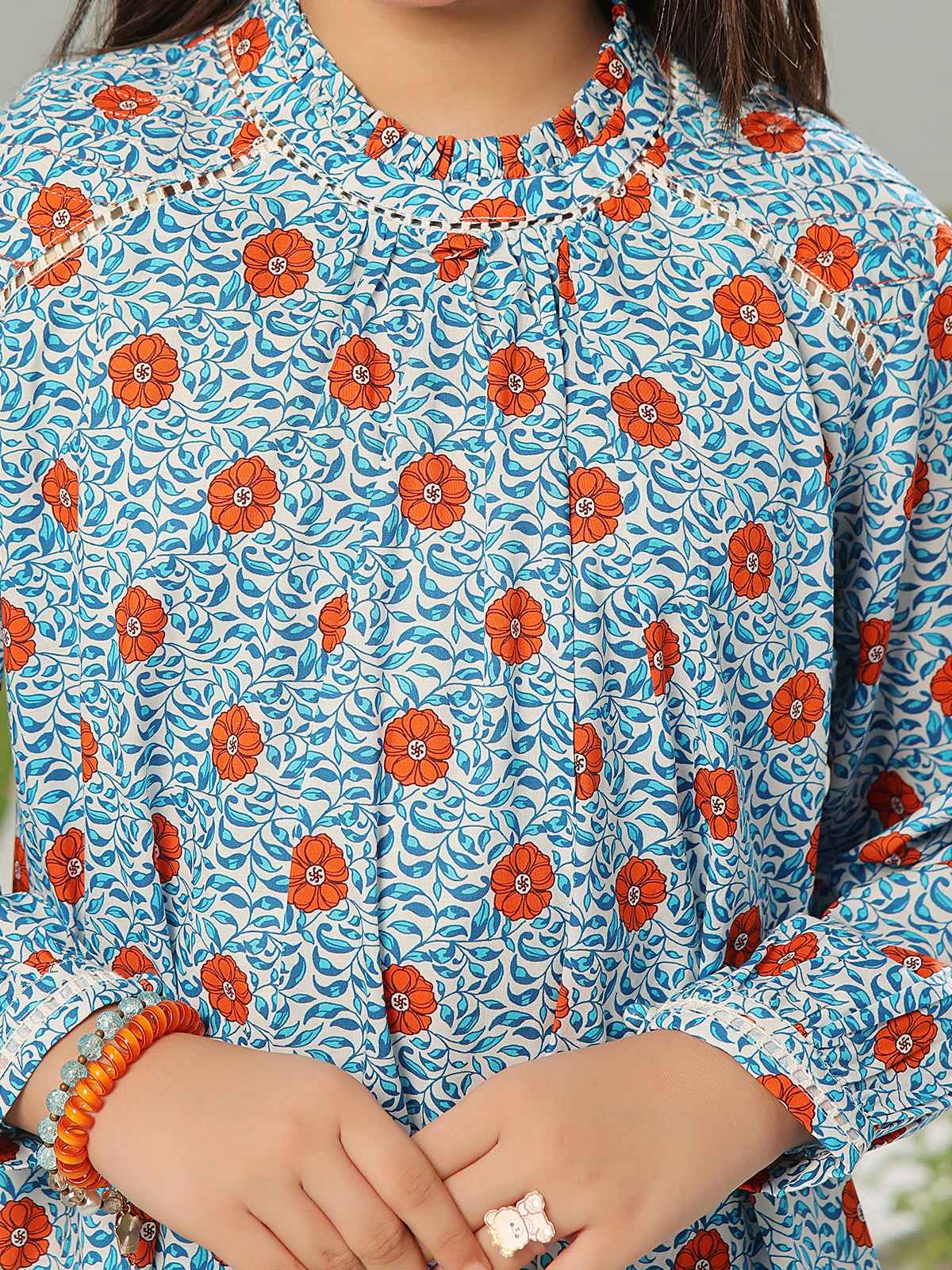 2Pc Printed Pret Shirt Trouser Lawn White & Blue - OG2P-2403001