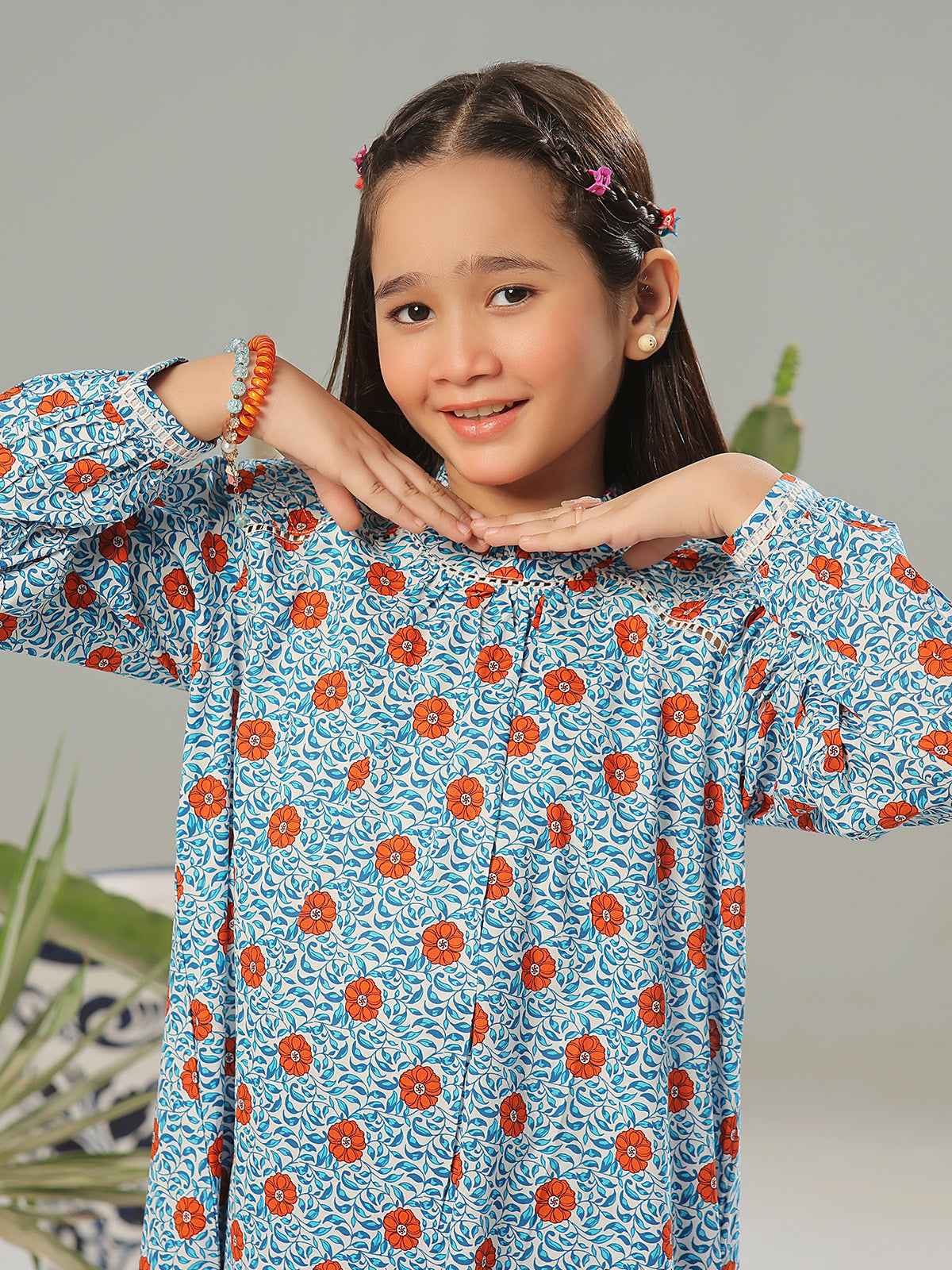 2Pc Printed Pret Shirt Trouser Lawn White & Blue - OG2P-2403001