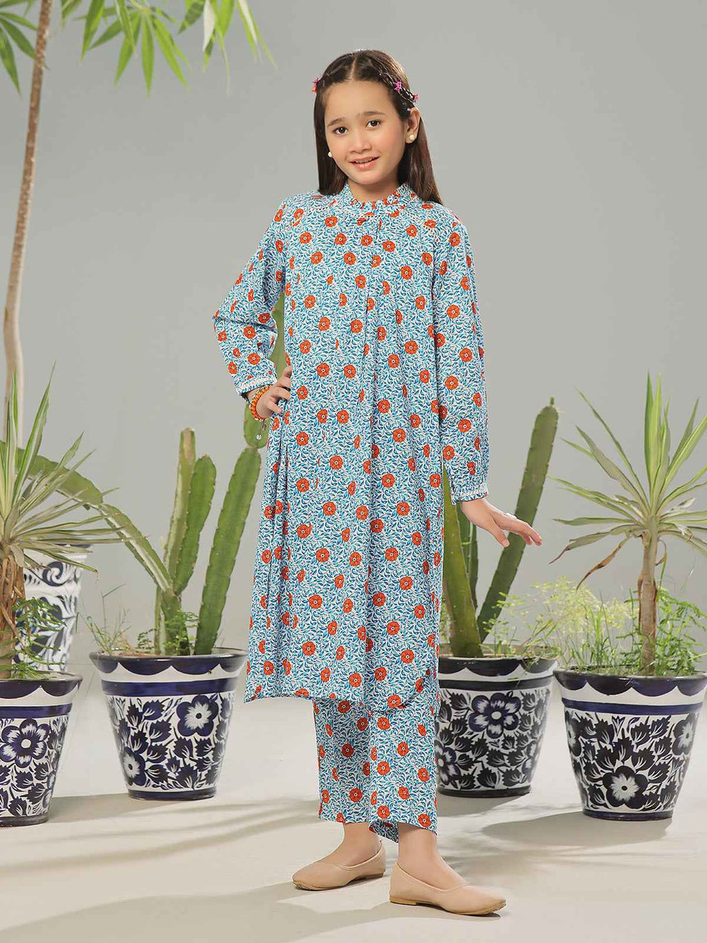 2Pc Printed Pret Shirt Trouser Lawn White & Blue - OG2P-2403001