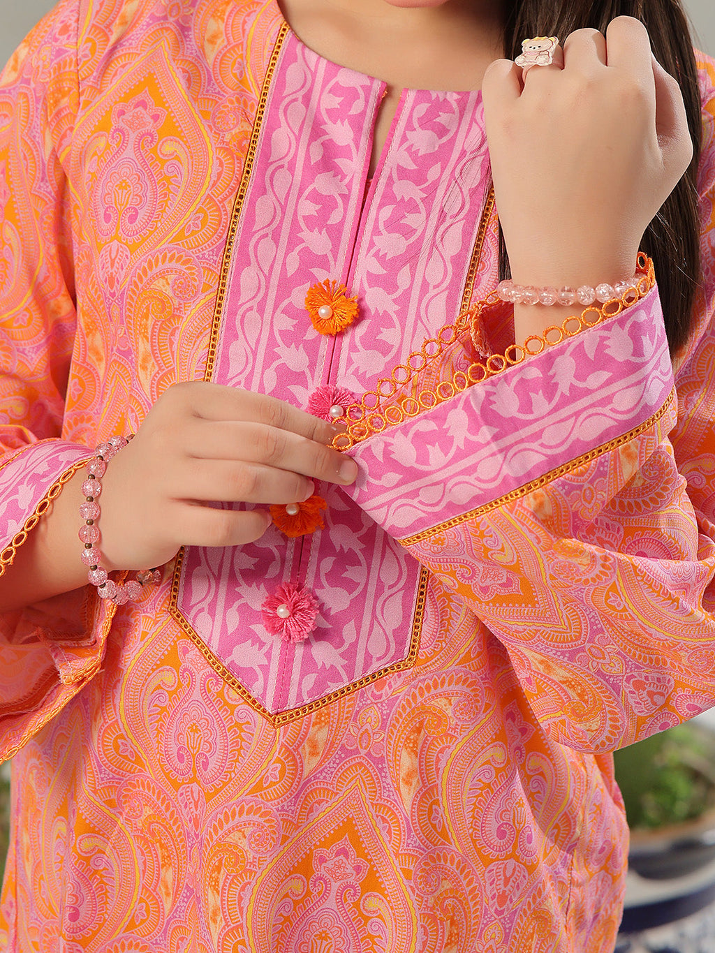2Pc Printed Pret Shirt Trouser Lawn Orange & Pink - OG2P-2403002