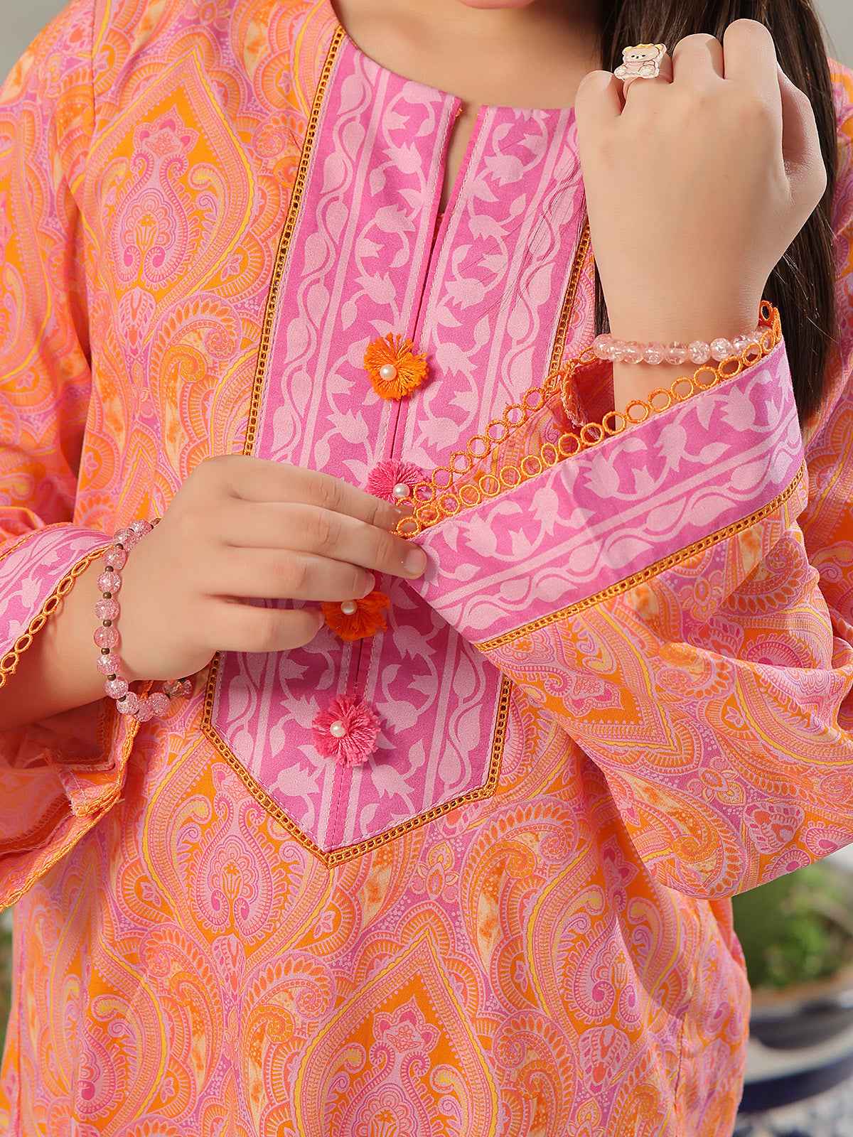2Pc Printed Pret Shirt Trouser Lawn Orange & Pink - OG2P-2403002