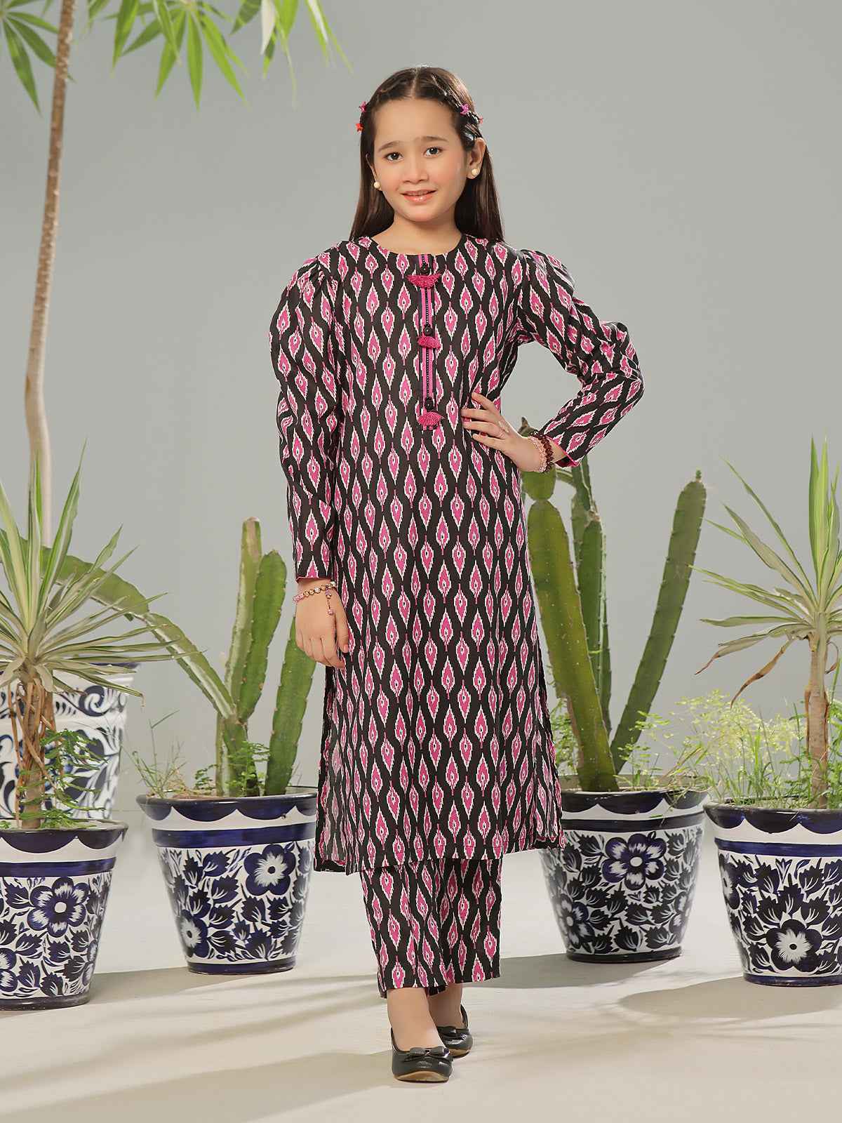 2Pc Printed Pret Shirt Trouser Lawn Black & Pink - OG2P-2403004