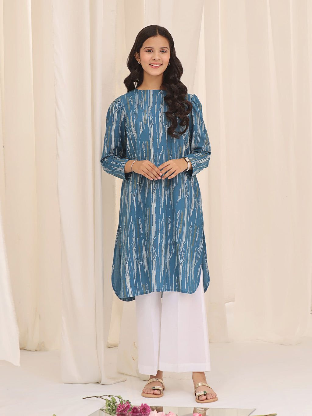 1Pc Printed Pret Kurti Cotton Blue - OGKT-2310001
